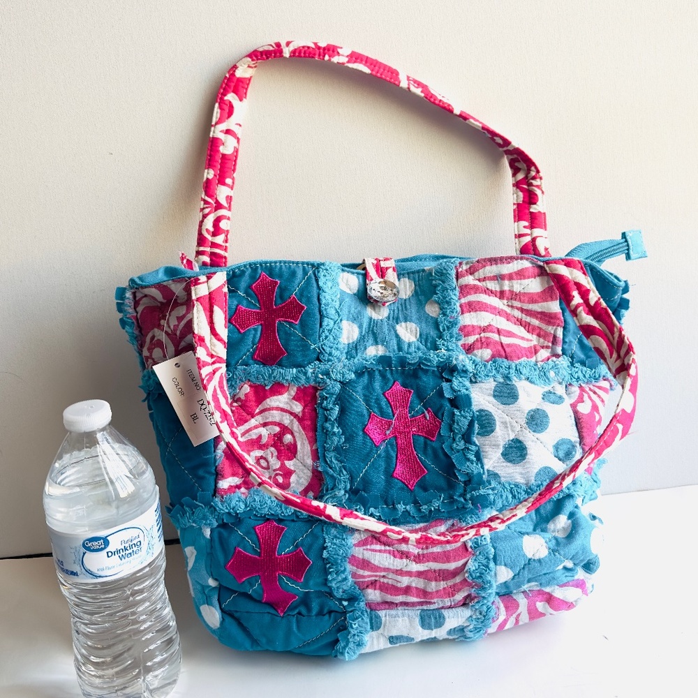 Patchwork Zipper Shoulder Bag With Cross Embroidery